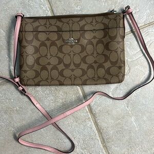 Coach Signature Crossbody Bag in Brown with Pink Strap